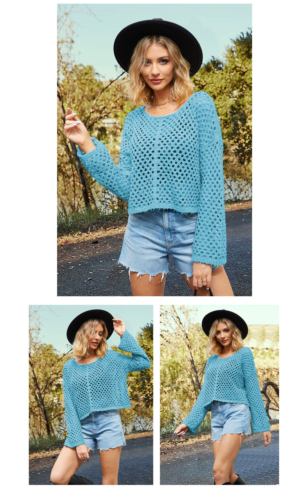 Bell Sleeve Loose Round Neck Hollow Sweater 3