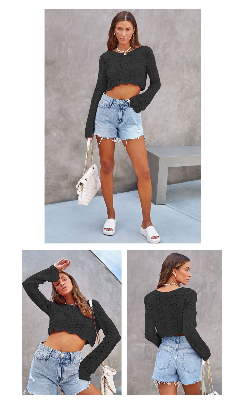 Fashion solid color hollow wave pattern short sweater 5
