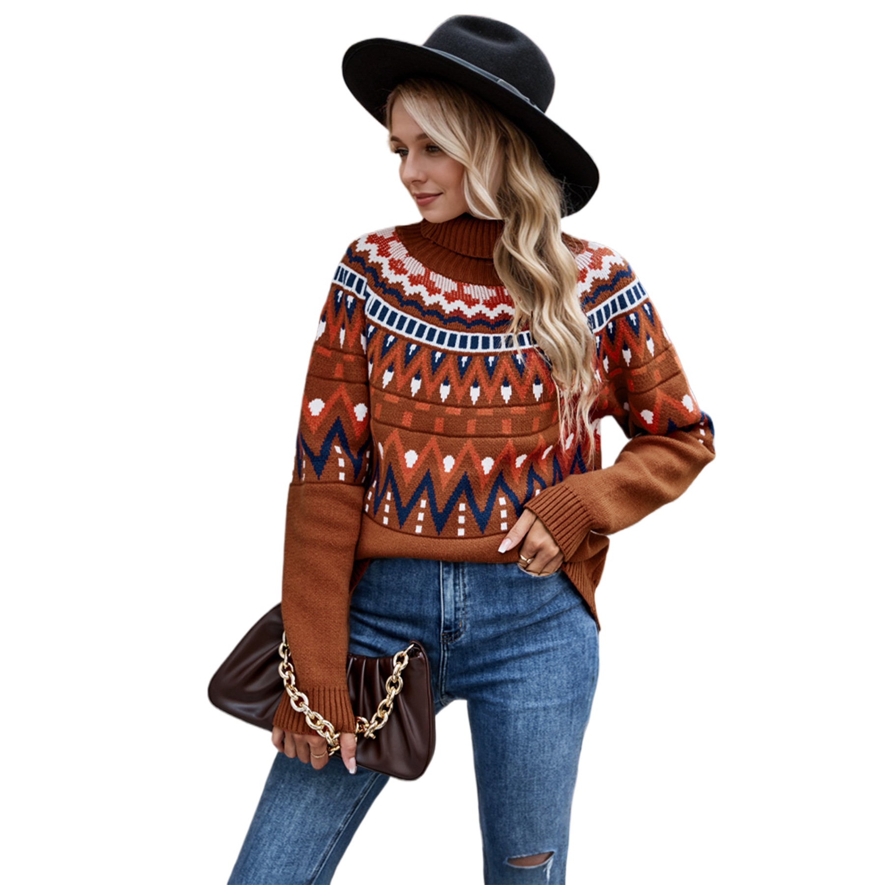 Retro patchwork sweater high collar loose knit sweater 16 01