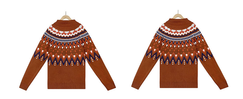 Retro patchwork sweater high collar loose knit sweater 16