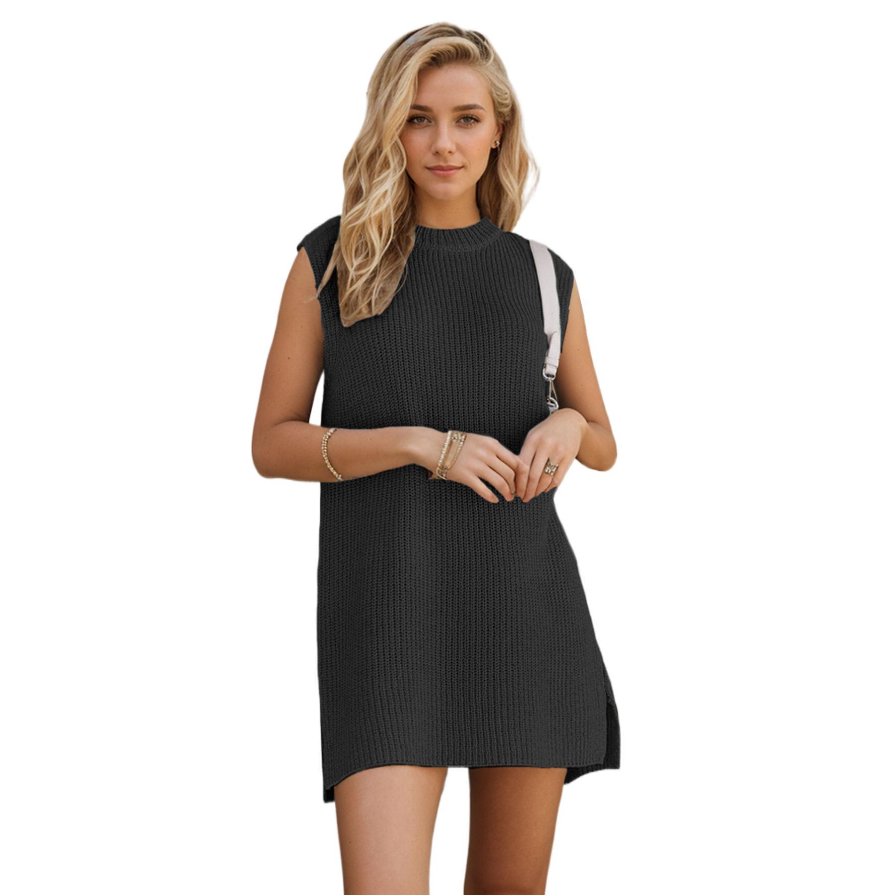 Round neck knitted commuting slit dress 4