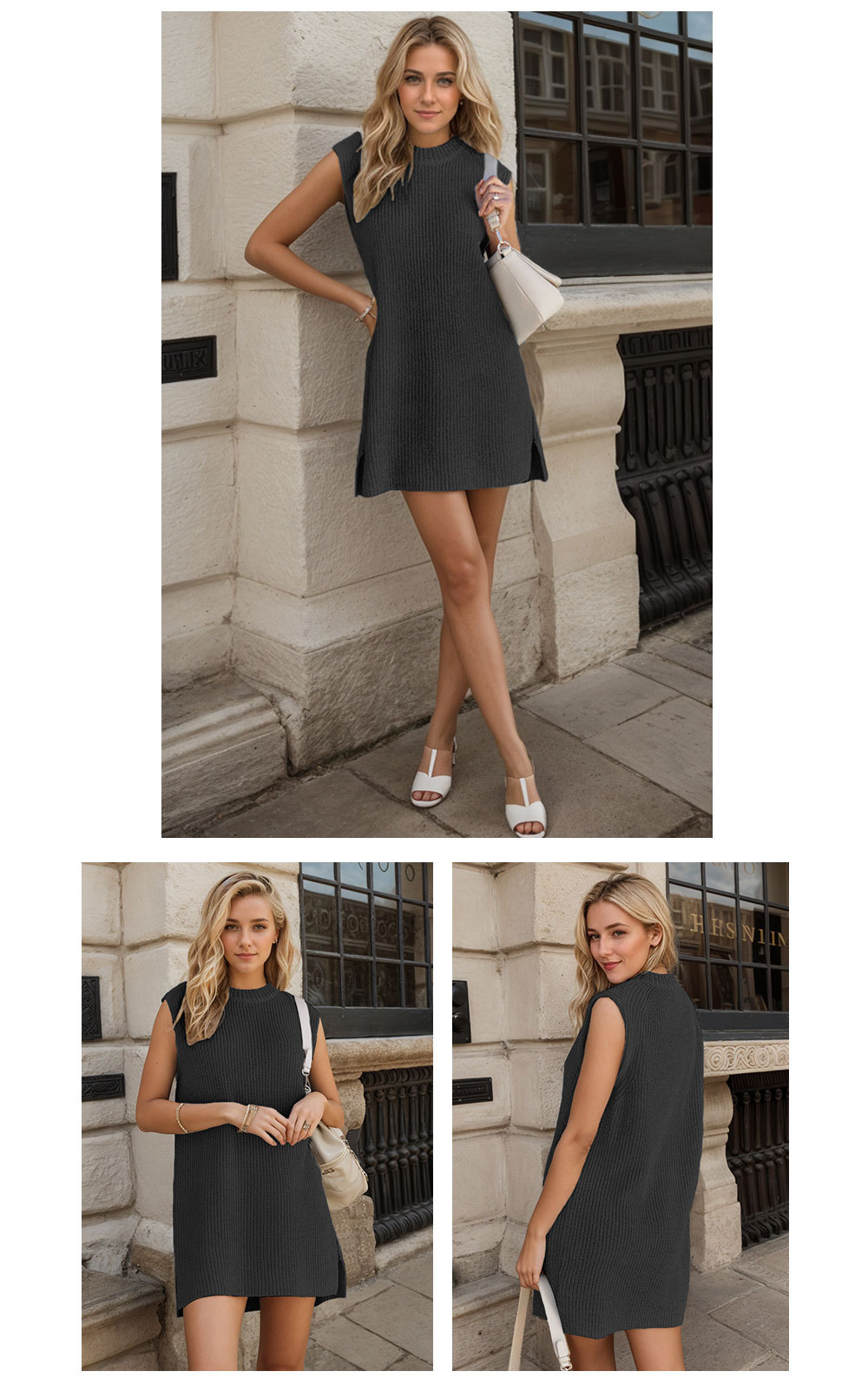 Round neck knitted commuting slit dress 4