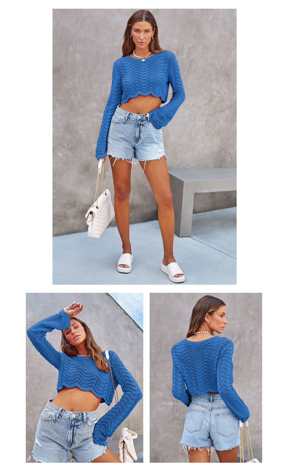 Solid color fashionable hollow wave pattern sweater 6