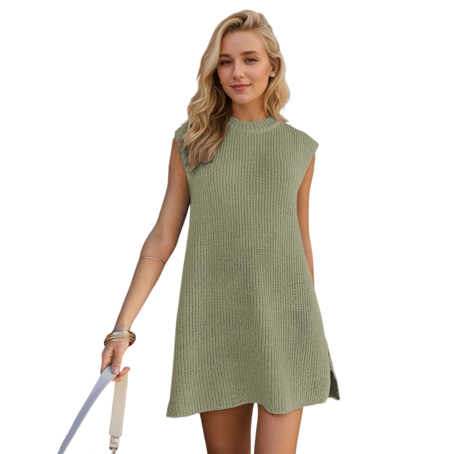 Solid color round neck fashionable commuter slit dress 10 01