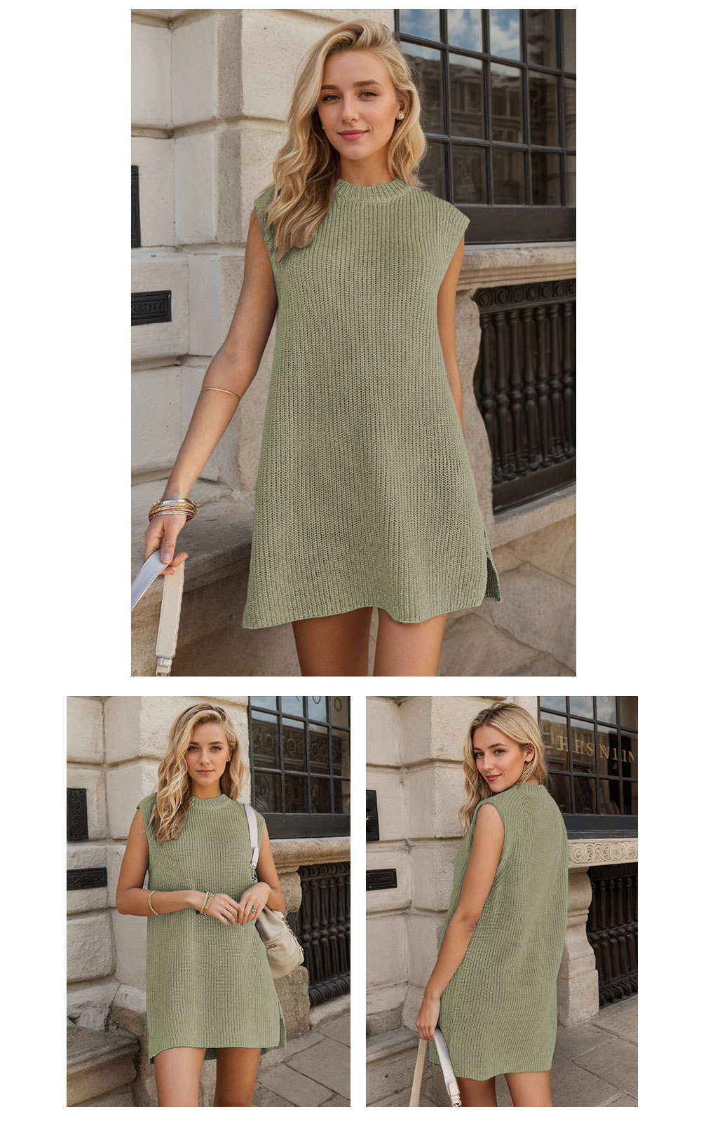 Solid color round neck fashionable commuter slit dress 10