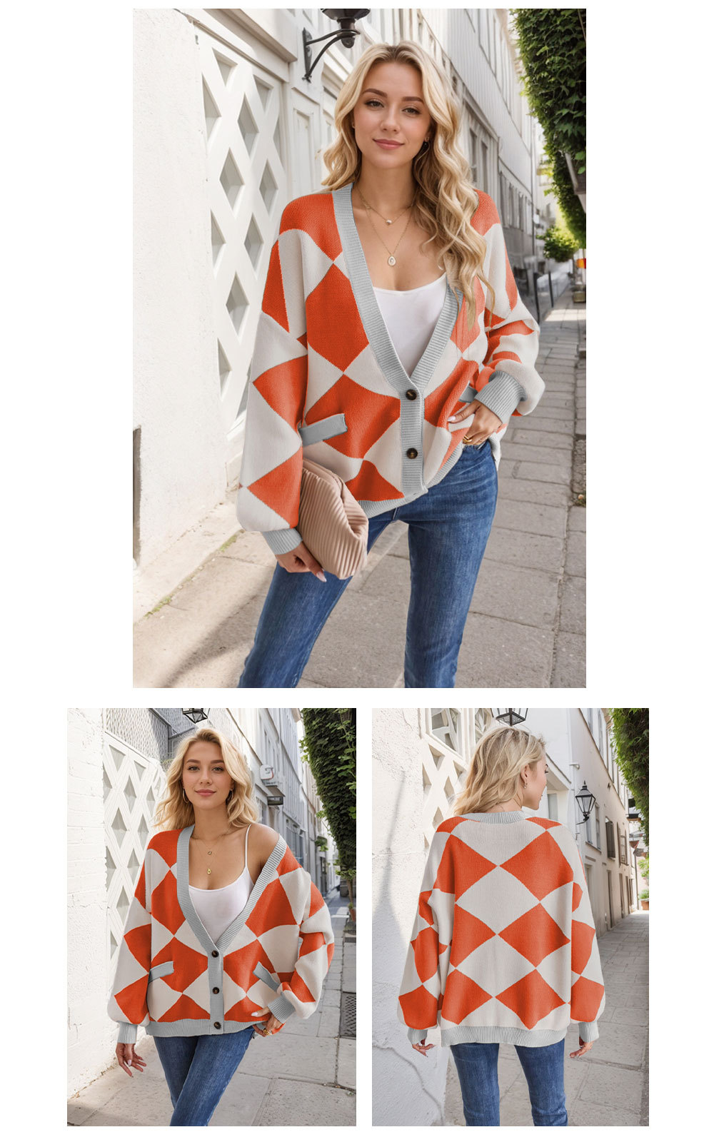 V-neck diamond stitching contrast color loose knitted cardigan 20