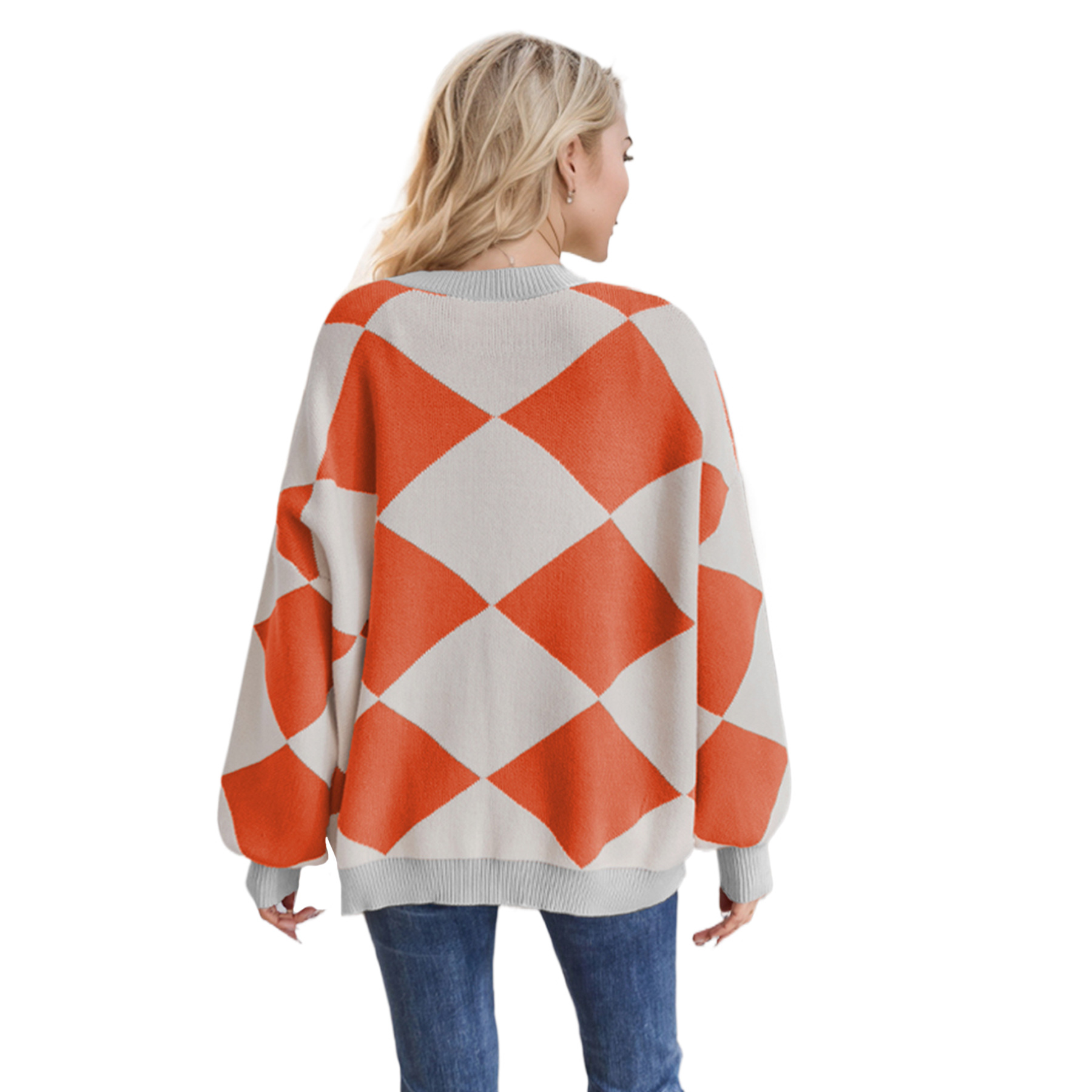 V-neck diamond stitching contrast color loose knitted cardigan 20
