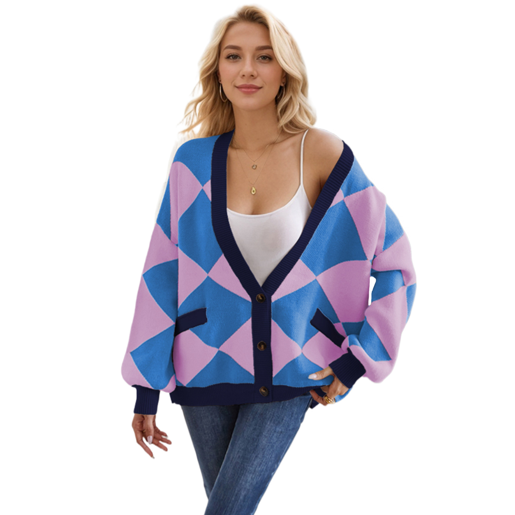 V-neck diamond stitching contrast color loose knitted cardigan 24 01