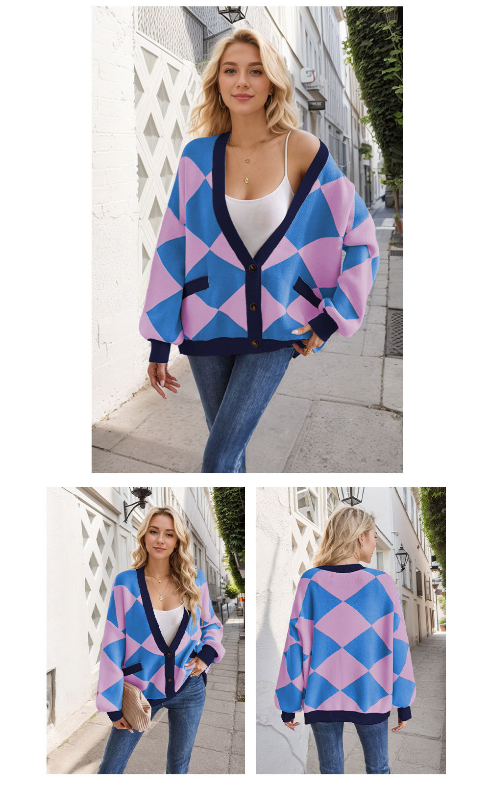 V-neck diamond stitching contrast color loose knitted cardigan 24