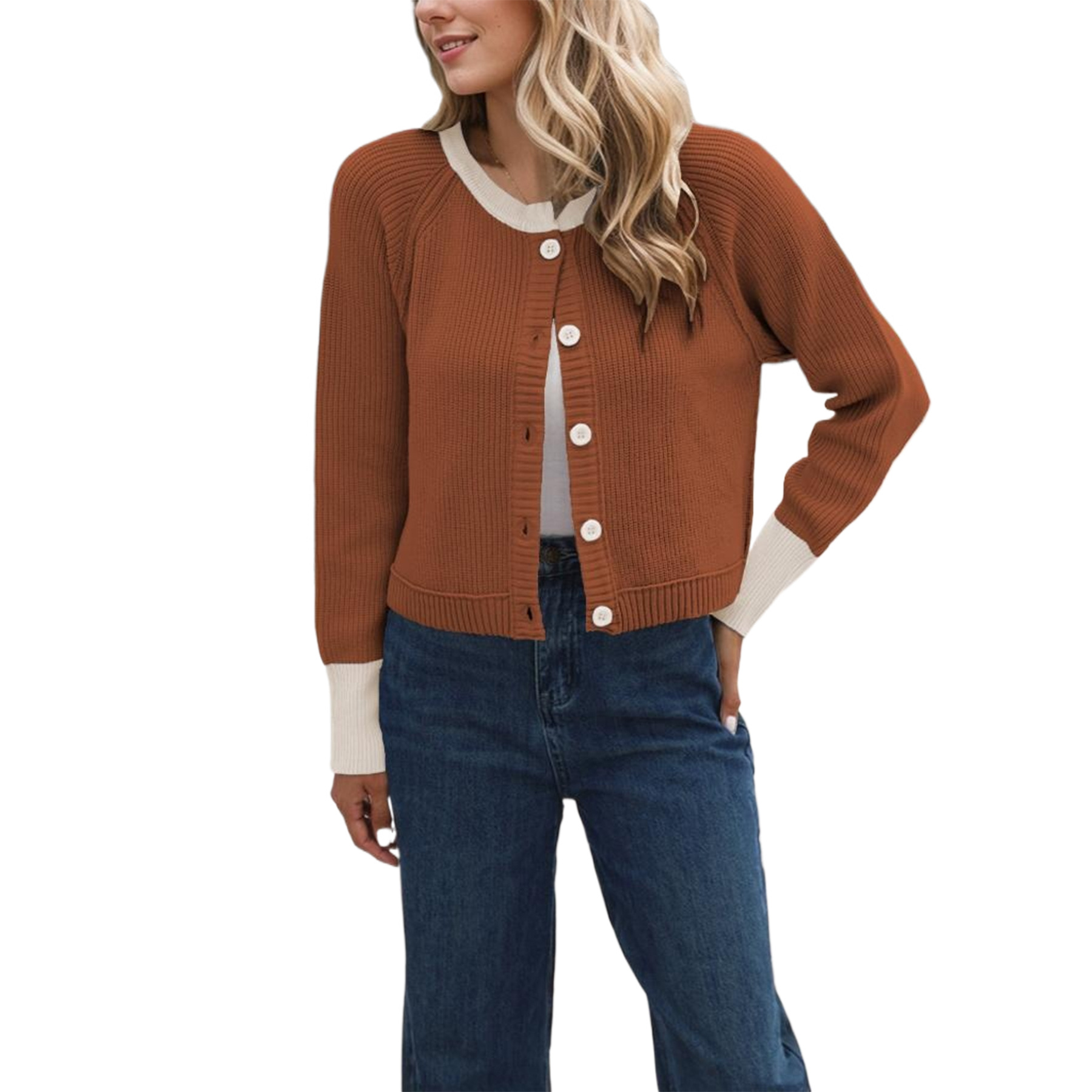 Fashionable round neck knitted cardigan jacket 35 01