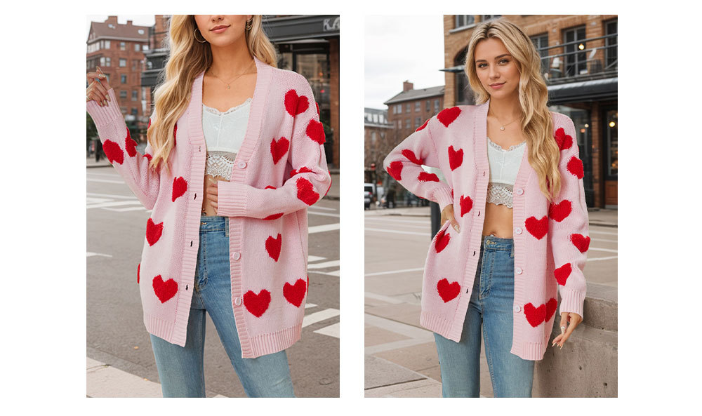 Heart Knitted Cardigan V-Neck Button Mid-Length Jacket 22