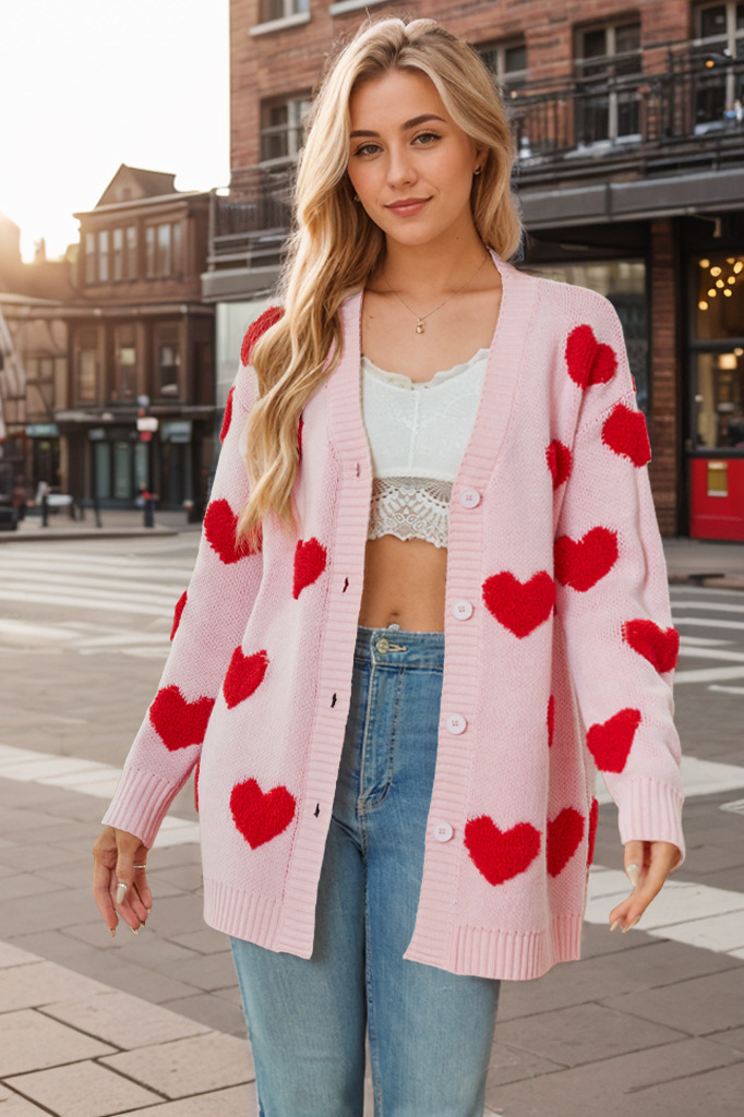 Heart Knitted Cardigan V-Neck Button Mid-Length Jacket 22 02