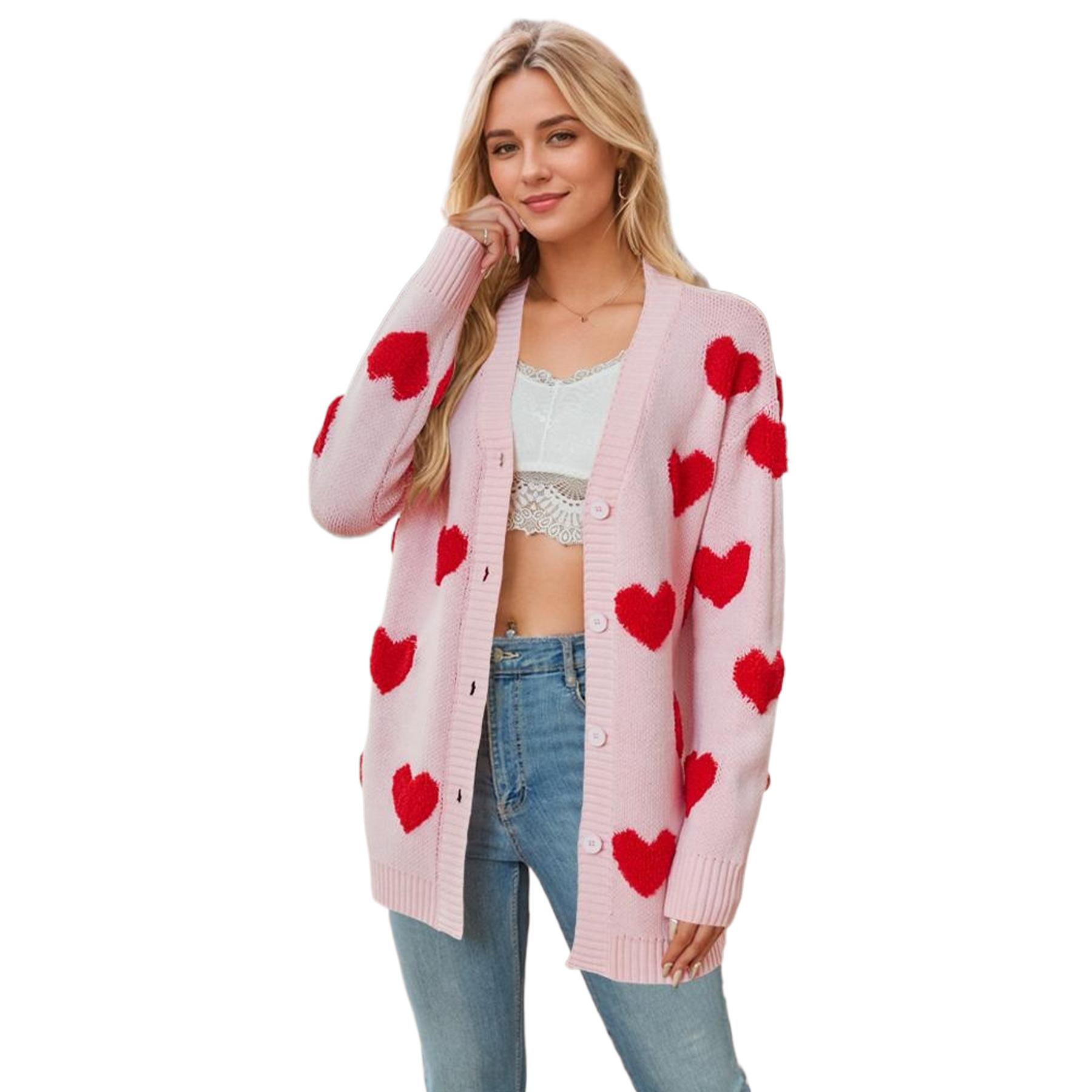 Heart Knitted Cardigan V-Neck Button Mid-Length Jacket 22 01