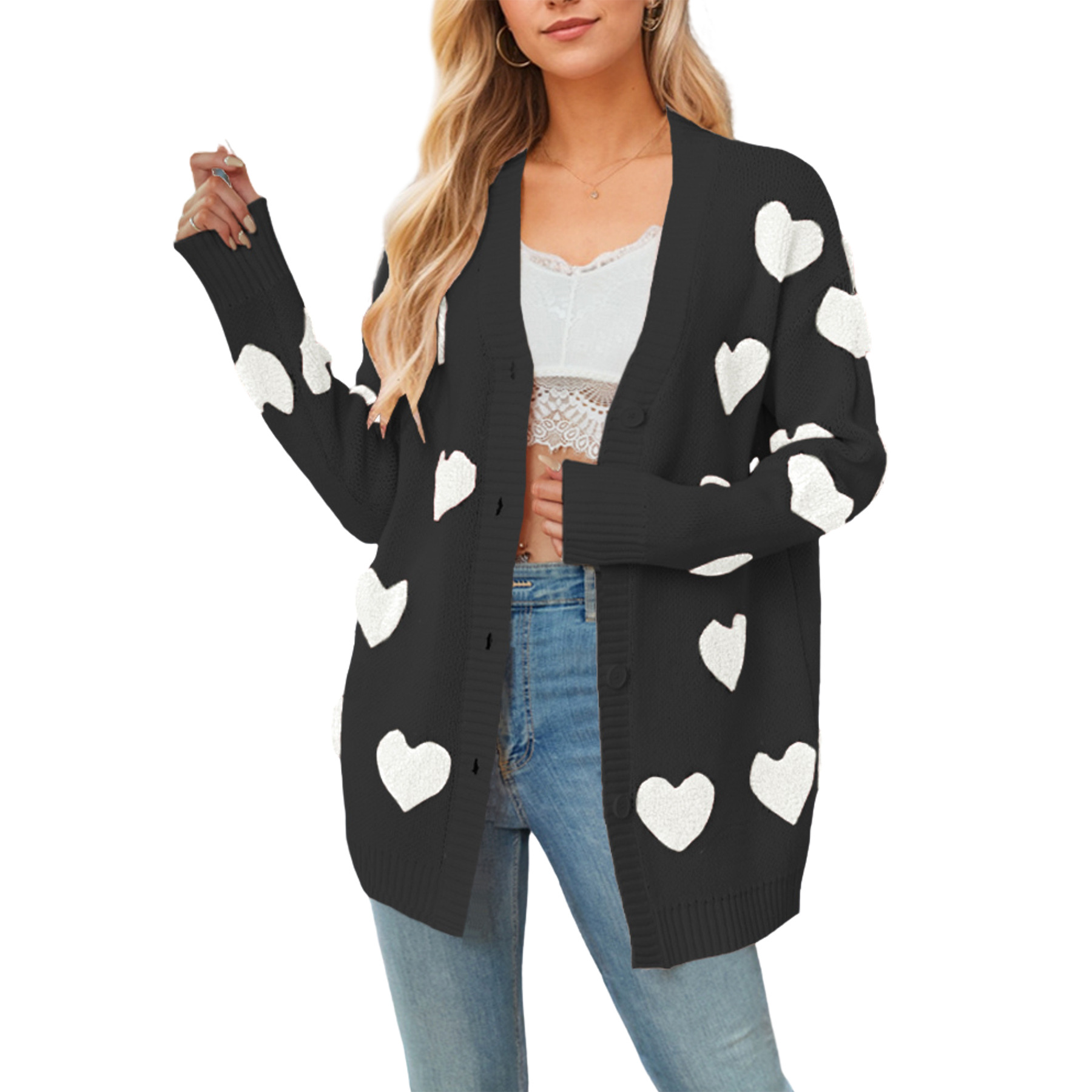 Heart Knitted Cardigan V-Neck Button Mid-Length Jacket 26 01