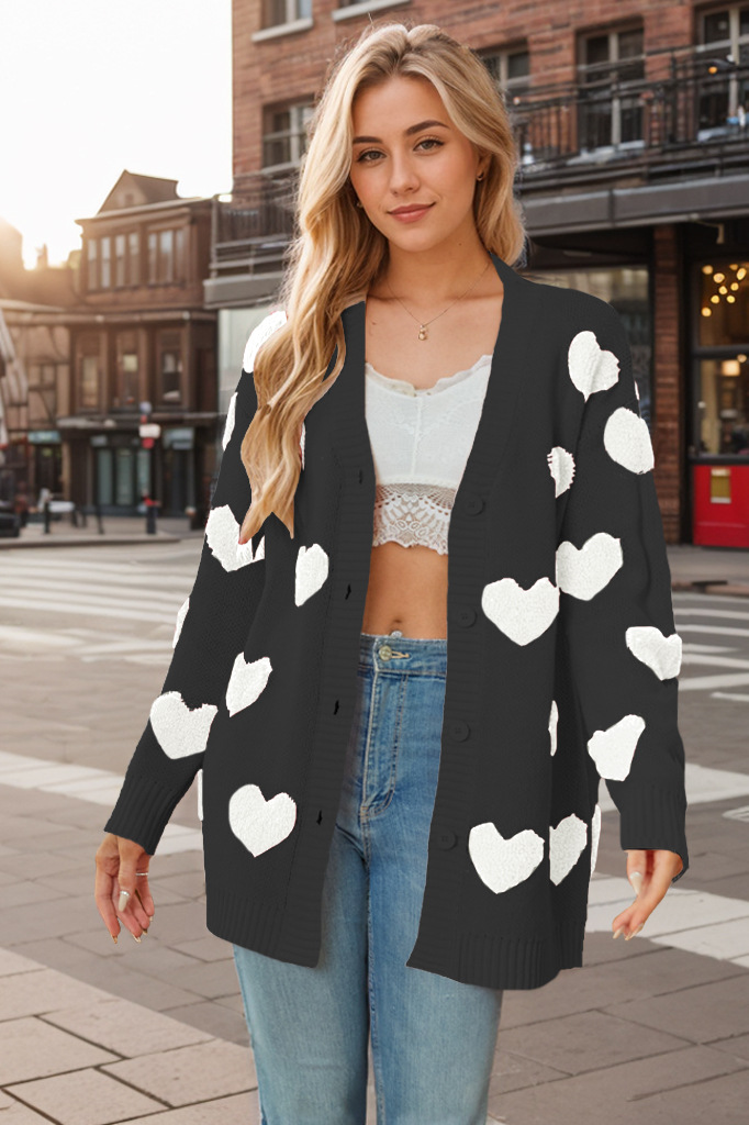 Heart Knitted Cardigan V-Neck Button Mid-Length Jacket 26 02