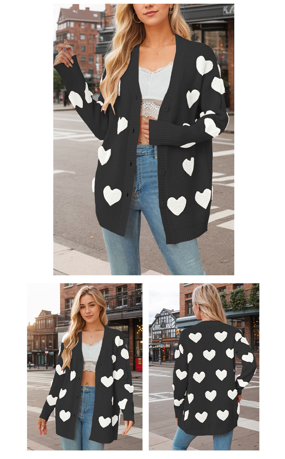 Heart Knitted Cardigan V-Neck Button Mid-Length Jacket 26