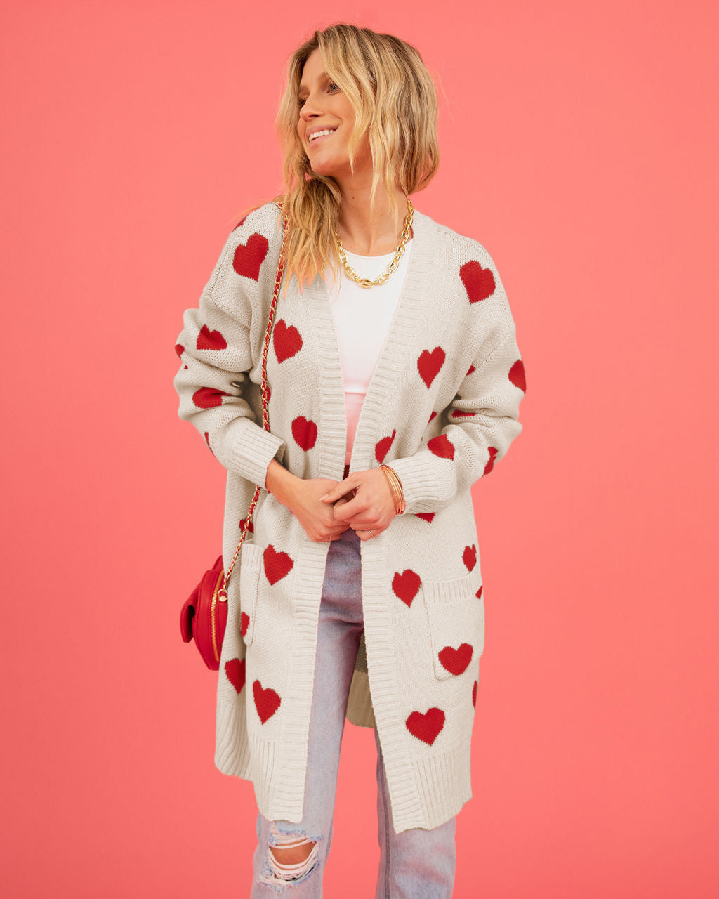 Knitted Cardigan Heart Pocket V-Neck Mid-Length Jacket 27 02