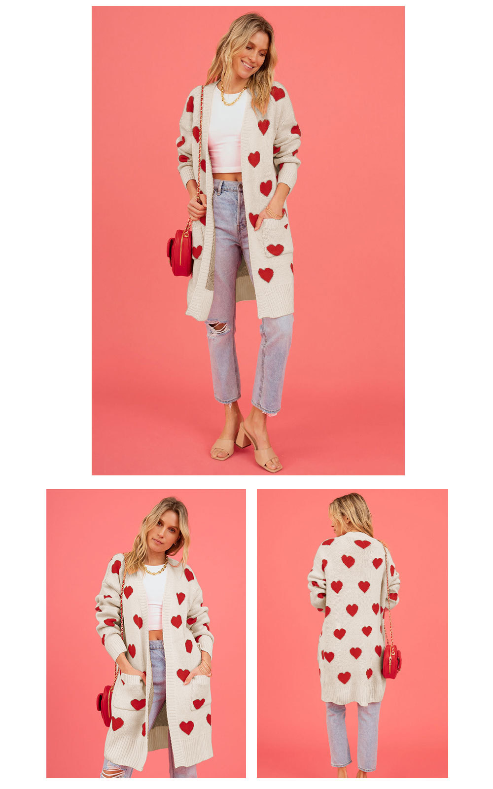 Knitted Cardigan Heart Pocket V-Neck Mid-Length Jacket 27