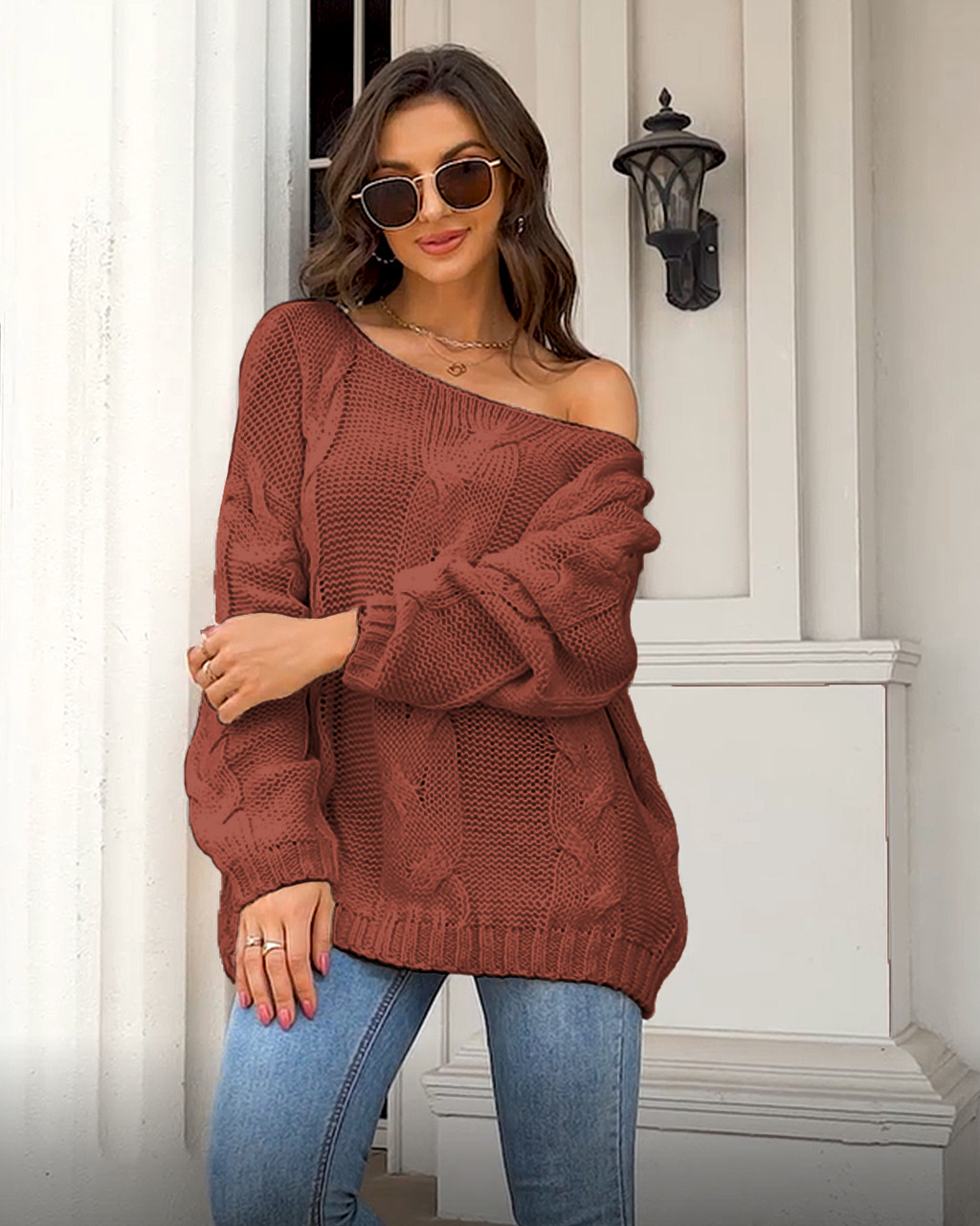 One-shoulder pullover elegant commuting loose sweater 56 02