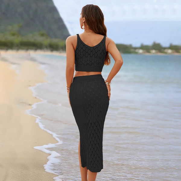 Solid color diamond striped two-piece small vest slit long skirt 46 01
