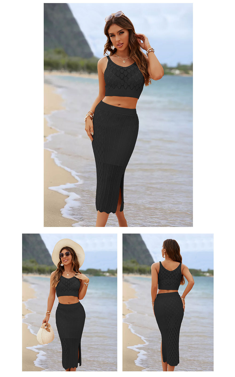 Solid color diamond striped two-piece small vest slit long skirt 46