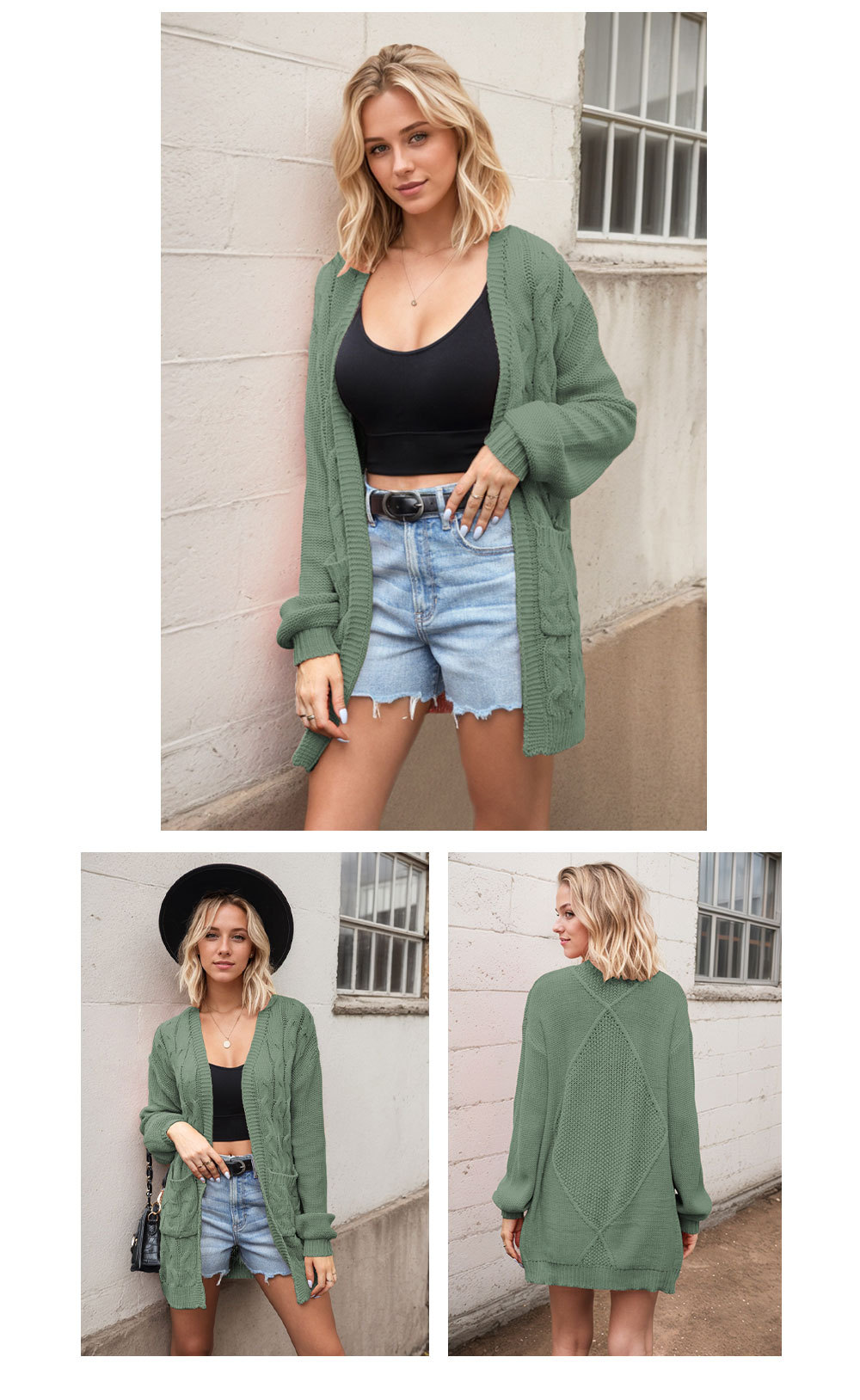 V-neck cable knit long sleeve loose casual sweater jacket 19