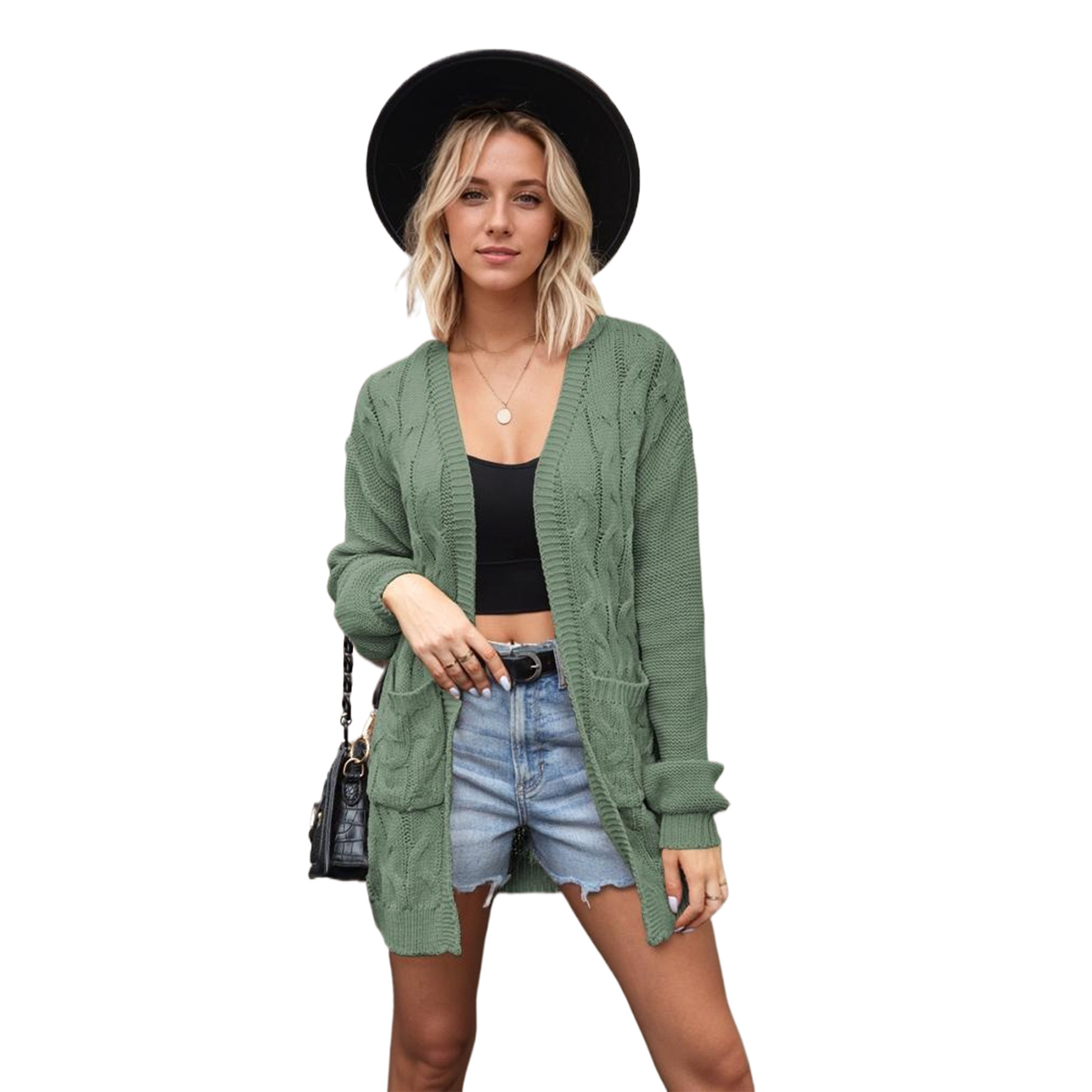 V-neck cable knit long sleeve loose casual sweater jacket 19 01
