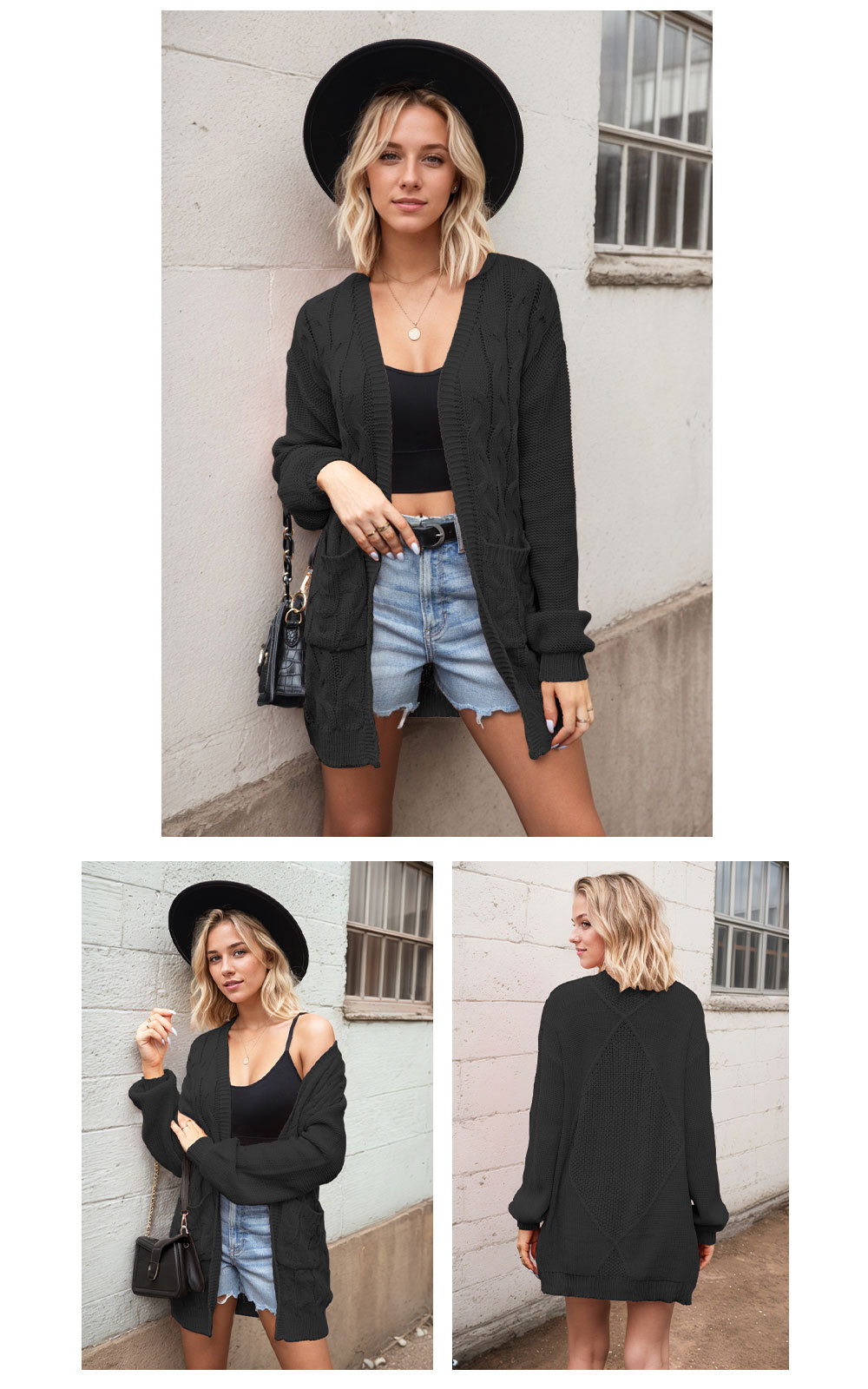 V-neck cable knit long sleeve loose casual sweater jacket 25